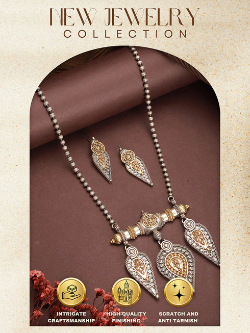 Oxidised Dual Toned Long Haram Leafy Statement Tribal Pendant Jewellery Set