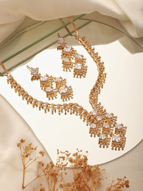 Gold Toned Cubic Zirconia Studded Designer Chandelier Statement Necklace Jewellery Set