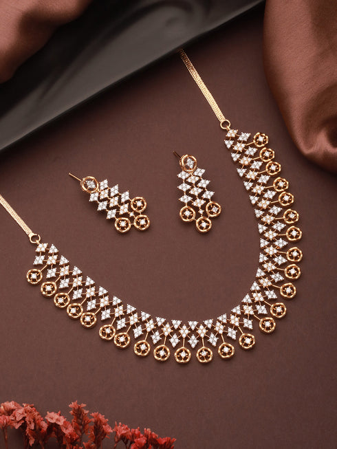 Gold Dual Toned C Zircon Studded Statement Geometric Partywear Necklace Jewellery Set