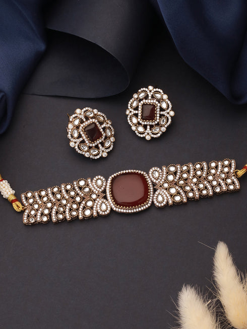 Gold Toned Ruby Red Mossanite Kundan Statement Choker Jewellery Set