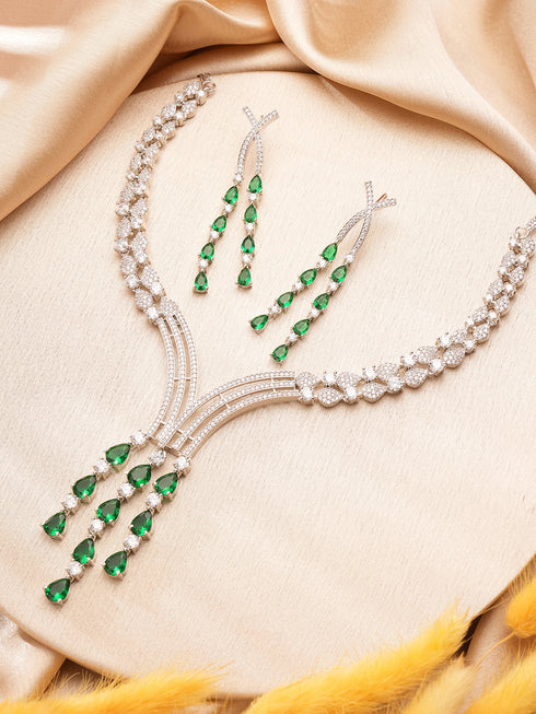 Silver Toned Emerald Green Zircon AD Studded Layered Bridal Drop Designer Statement Necklace Jewellery Set