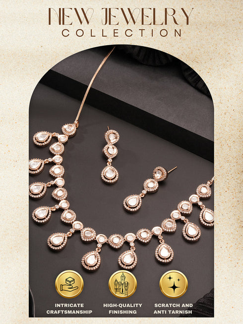 Gold Plated Kundan Polki Studded Designer Bridesmaid Minimal Necklace Jewellery Set