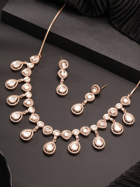 Gold Plated Kundan Polki Studded Designer Bridesmaid Minimal Necklace Jewellery Set