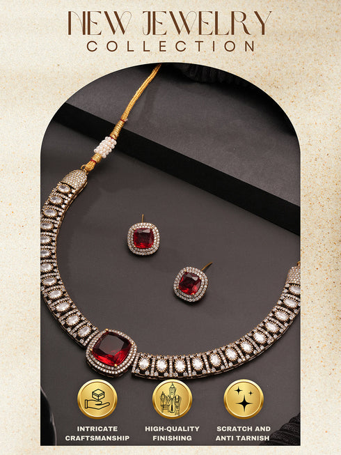 Oxidised Silver Toned Ruby Red AD Zircon Studded Minimal Kundan Choker jewellery Set