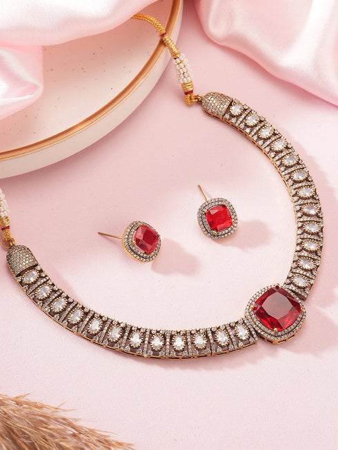Oxidised Silver Toned Ruby Red AD Zircon Studded Minimal Kundan Choker jewellery Set