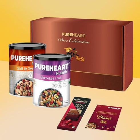 PUREHEART Premium Diwali Gift Hamper | Dry Fruits Gift Box with Trail Mix and Salt & Sweet Nutmix (454g Each) Bournville Chocolate| Diwali Greeting Card | Corporate Gifting