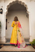 Pomcha Jaipur Sunflower Cotton Silk Yellow Anarkali With Organza Dupatta