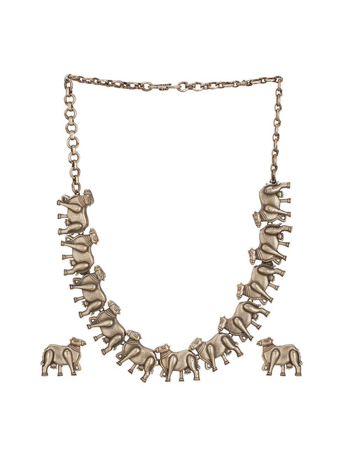 Oxidised Silver Toned Statement Tribal Nandi Choker Jewellery Set