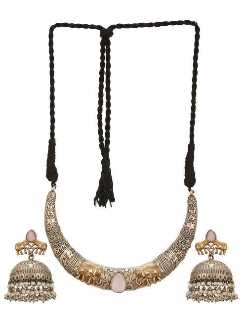 Oxidised Silver Plated Fusion Contemporary Elephant Motif Statement Hasli With Jhumka Jewellery Set