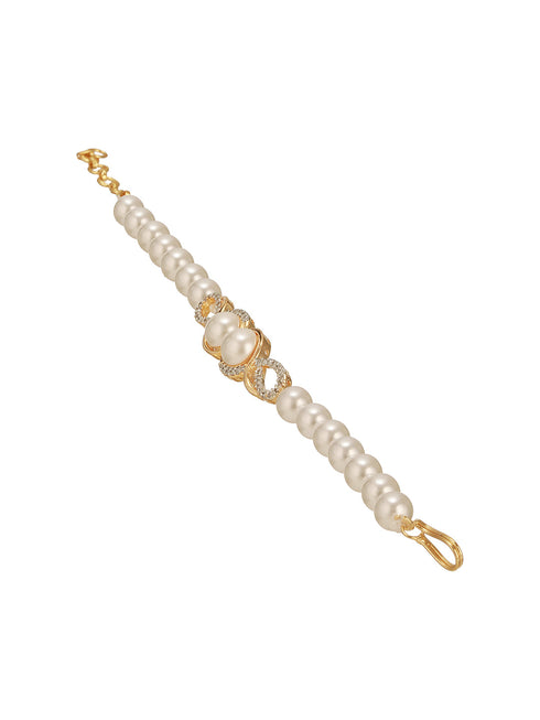 Combo Gold Plated White AD & Pearl Studded Floral Minial Ring, Bracelet With Earrings Jewellery Set