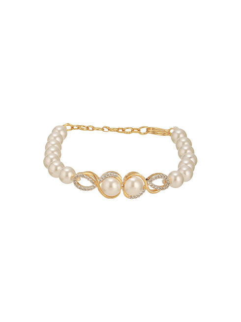 Combo Gold Plated White AD & Pearl Studded Floral Minial Ring, Bracelet With Earrings Jewellery Set