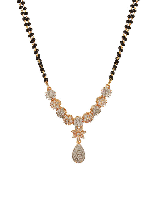 Gold Toned AD Studded Black Beads Studded Designer Solitaire Type Mangalsutra Jewellery Set