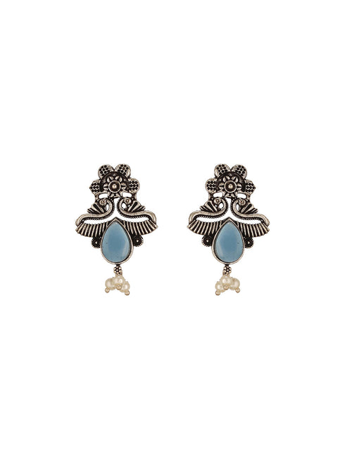 Oxidised Silver Toned Blue & white Stone Studded Statement Tribal Choker Jewellery Set