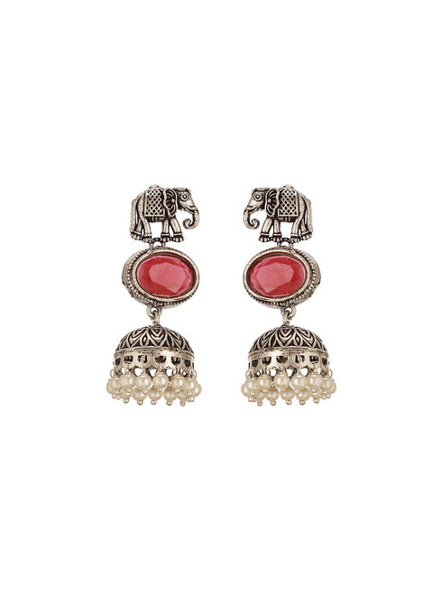 Oxidised Silver Toned Navratan Multicolored Elephant Motif Statement Choker Jewellery Set