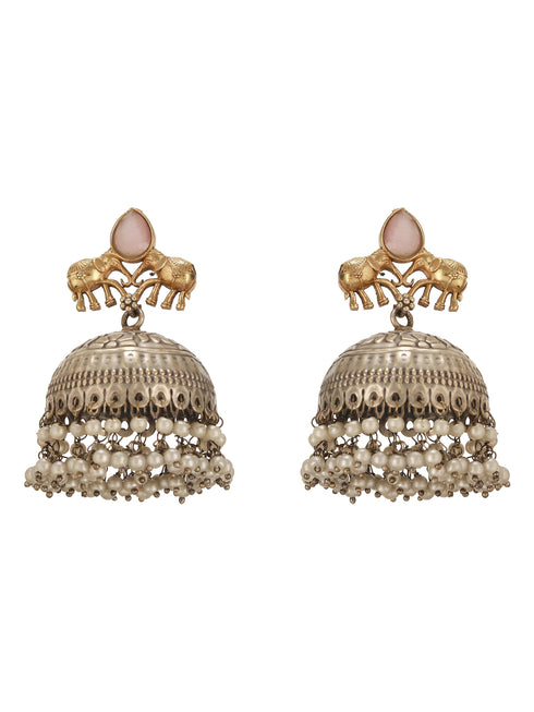 Oxidised Silver Plated Fusion Contemporary Elephant Motif Statement Hasli With Jhumka Jewellery Set