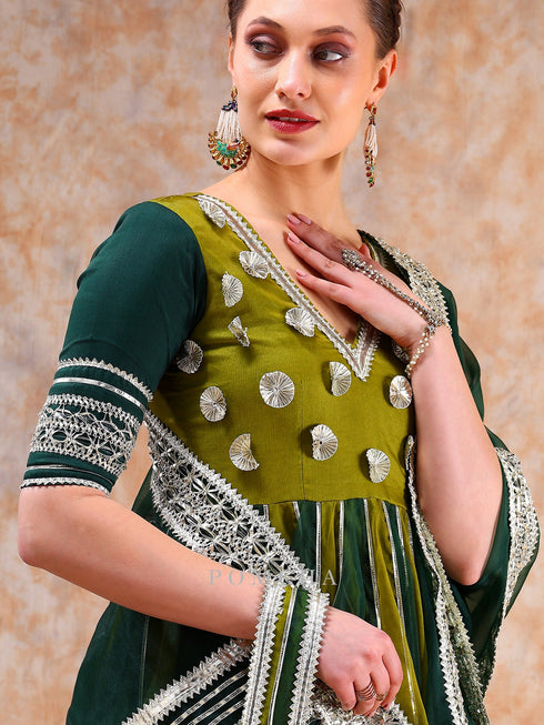 Pomcha Jaipur Dil Kash Green Double Shade Anarkali Set