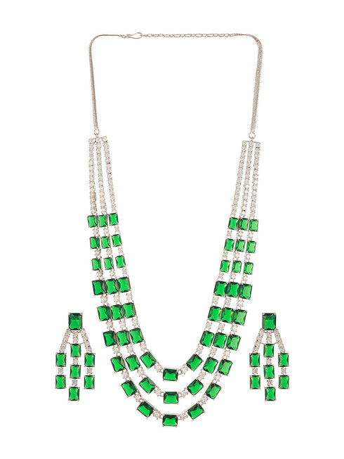 Silver Plated Emerald Green AD Studded Layered Statement Necklace Jewellery Set