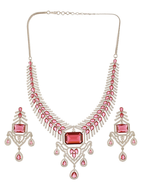 Silver Plated Ruby Red AD Studded Statement Royal Necklace Jewellery Set