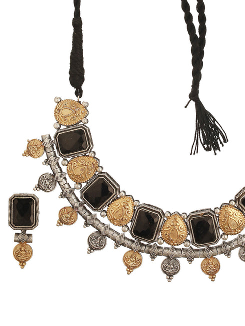 Oxidised Dual Toned Black Stone Studded Contemporary Tribal Lakshmiji Motif Choker Jewellery Set