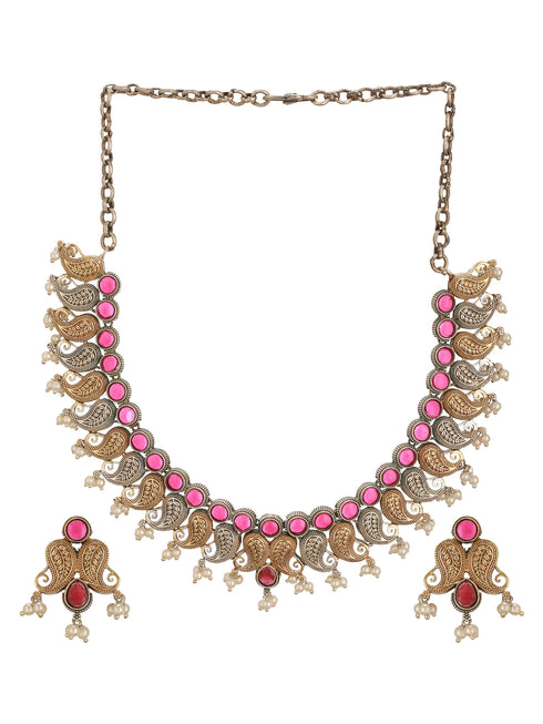Oxidised Dual Toned Red Stoned Mango Design Statement Choker Jewellery Set