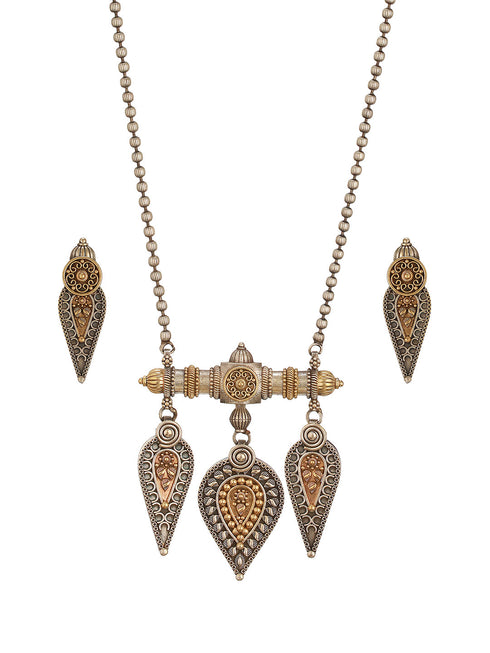 Oxidised Dual Toned Long Haram Leafy Statement Tribal Pendant Jewellery Set