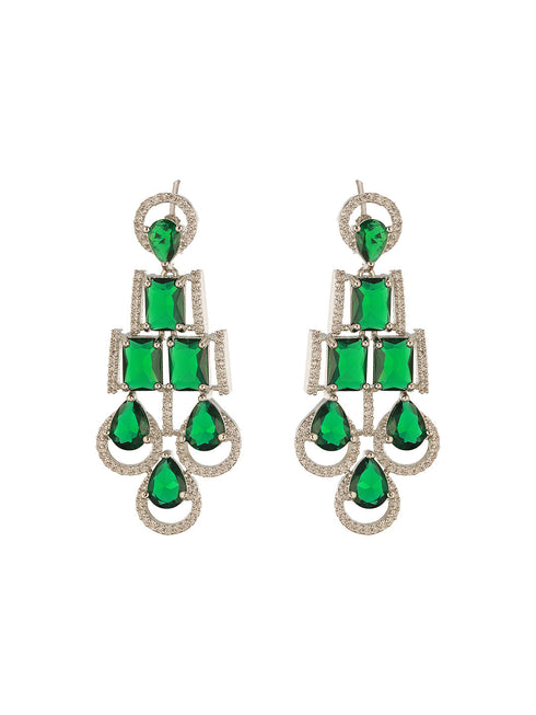 Silver Toned Emerald Green Zircon AD Studded Layered Drop Designer Statement Necklace Jewellery Set