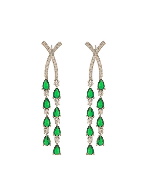 Silver Toned Emerald Green Zircon AD Studded Layered Bridal Drop Designer Statement Necklace Jewellery Set