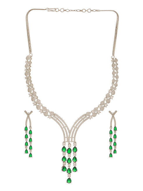 Silver Toned Emerald Green Zircon AD Studded Layered Bridal Drop Designer Statement Necklace Jewellery Set