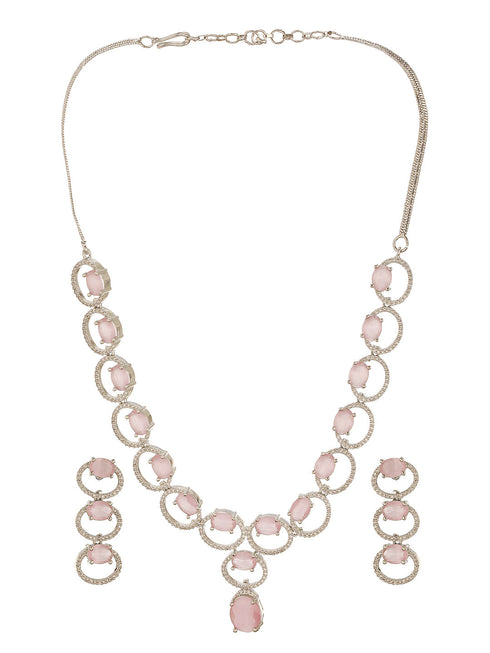 Silver Toned Pink AD Zircon Studded Minimal Designer Necklace Jewellery Set