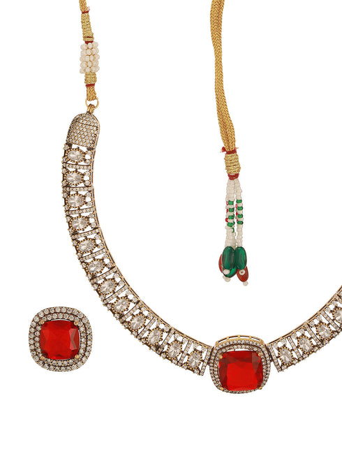 Oxidised Silver Toned Ruby Red AD Zircon Studded Minimal Kundan Choker jewellery Set