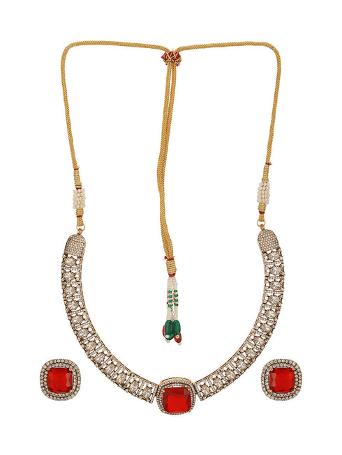 Oxidised Silver Toned Ruby Red AD Zircon Studded Minimal Kundan Choker jewellery Set