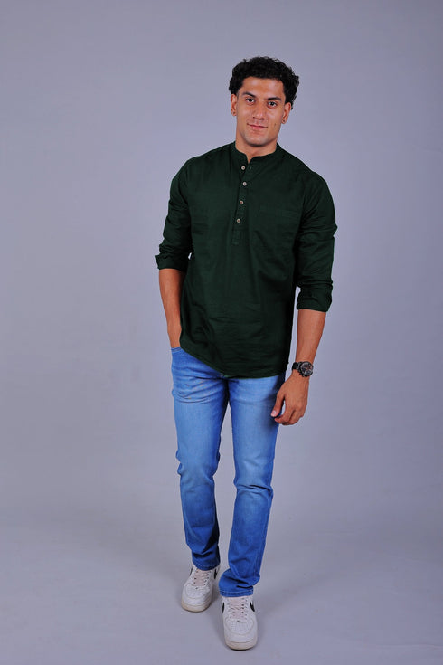 Veshbhoshaa Bluebird Men'S Short Kurta In Dark Green - 100% Pure Cotton