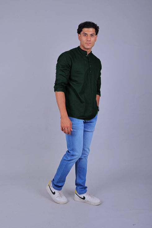 Veshbhoshaa Bluebird Men'S Short Kurta In Dark Green - 100% Pure Cotton