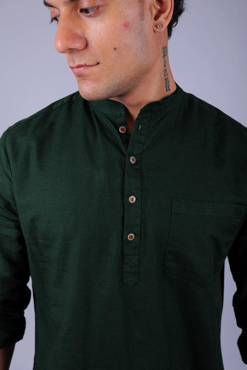 Veshbhoshaa Bluebird Men'S Short Kurta In Dark Green - 100% Pure Cotton