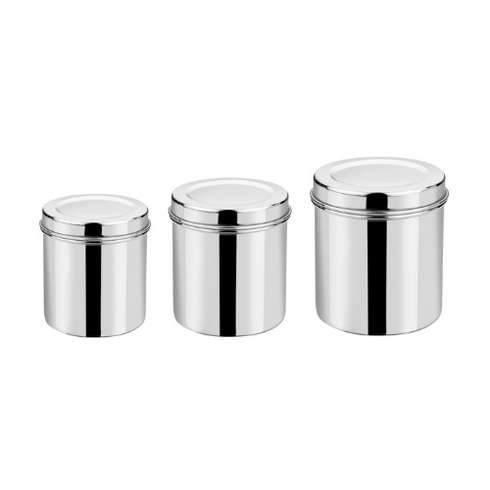 Vinod Stainless Steel Deep Dabba Set of 3 350 ml 500 ml and 750 ml in Heavy Gauge Steel Airtight Lids Mirror Finish Rust Free