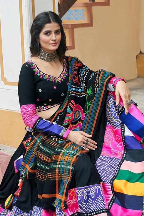 Shubhkala Most Beautiful Black Color Embroidery Mirror Work Chania Choli for Navratri