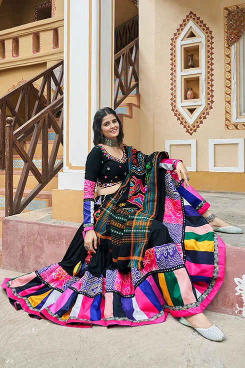 Shubhkala Most Beautiful Black Color Embroidery Mirror Work Chania Choli for Navratri