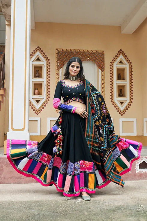 Shubhkala Most Beautiful Black Color Embroidery Mirror Work Chania Choli for Navratri