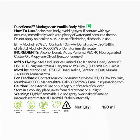 PureSense Desire Madagascar Vanilla Body Mist | Sulphate & Paraben Free | 100% Cruelty Free