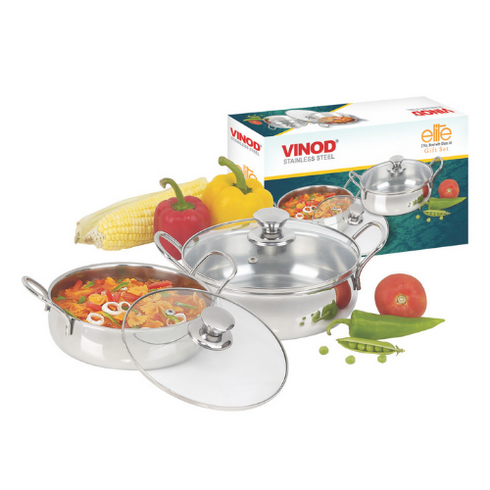 Vinod Stainless Steel Elite Bowl 3 Pcs Set with Glass Lids and Side Handles Highest Grade Stainless Steel Mirror Finish Strong and Sturdy Build