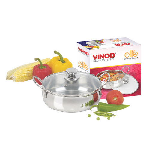 Vinod Stainless Steel Elite Bowl with Glass Lid and Side Handles 1100 ml Mirror Finish Strong and Sturdy Build Dishwasher Safe and Rust Free