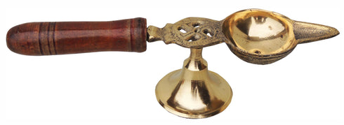 Brass Oil Lamp Deepak With Wooden Handle 0.075Kg
