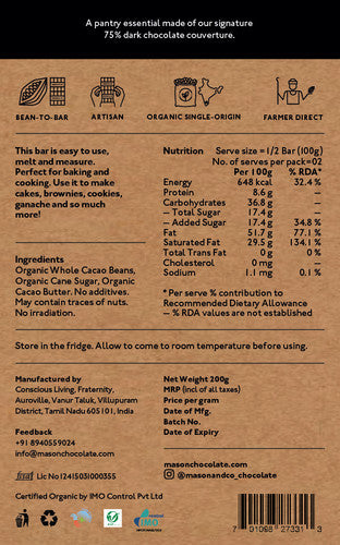 Mason & Co 75% Couverture Dark Baking Chocolate 200g