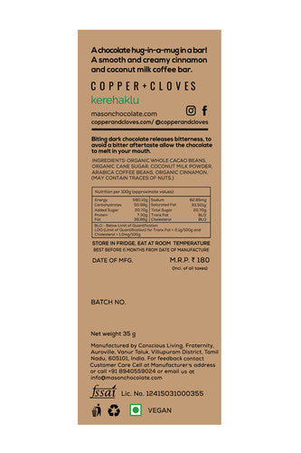 Mason & Co 65% Coconut Cinnamon Latte Dark Chocolate Copper + Cloves