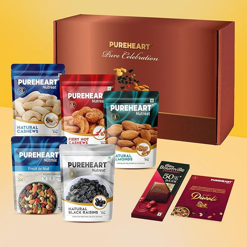 PUREHEART Diwali Gift Hamper | Corporate Gifting | Natural Cashews | Fruit & Nut Nutmix | Black Raisins | Fiery Hot Cashews | Natural Almonds (80 g each) | Chocolate and Card | Dry Fruits Gift Box