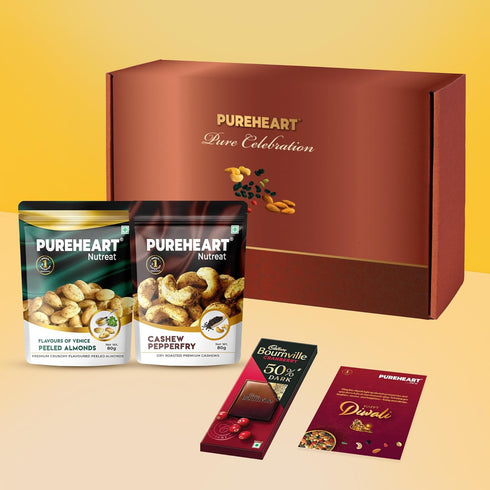 PUREHEART Celebration Diwali Gift Hamper | Luxury Corporate Gift Box with Pepperfry Cashews | Flavours of Venice Peeled Almonds (80g Each)| Chocolate| Diwali Greeting Card | Festive Dry Fruits Pack