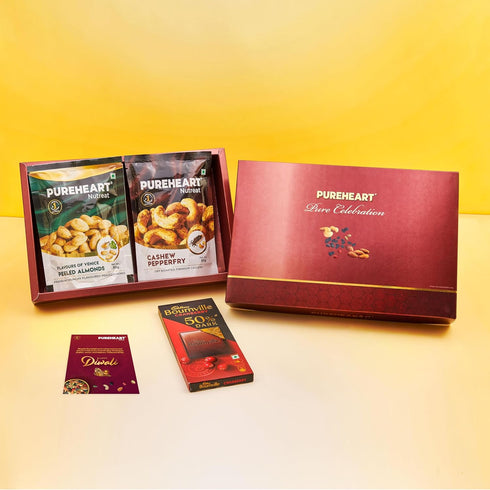 PUREHEART Celebration Diwali Gift Hamper | Luxury Corporate Gift Box with Pepperfry Cashews | Flavours of Venice Peeled Almonds (80g Each)| Chocolate| Diwali Greeting Card | Festive Dry Fruits Pack