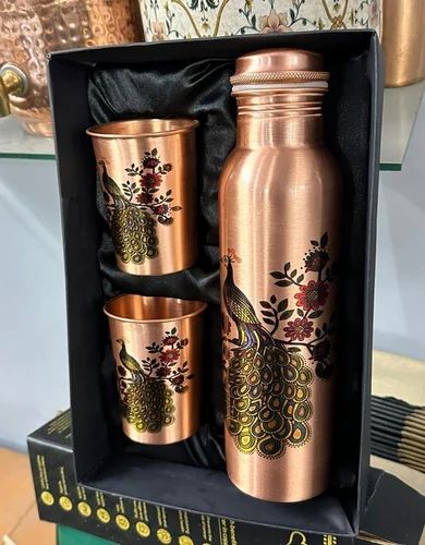 Coppjal Peacock Printed Copper Water Bottle