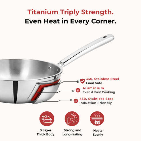 Vinod Doniv Titanium Triply Stainless Steel Wok 26 cms Capacity 3.30 Liter