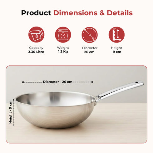 Vinod Doniv Titanium Triply Stainless Steel Wok 26 cms Capacity 3.30 Liter